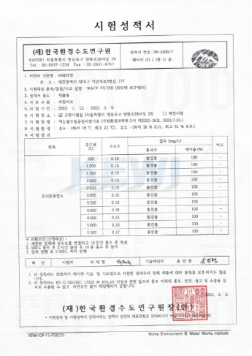 염소제거 시험성적서 (WACF filter)